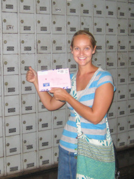 Alyssa with letter mail in Costa Rica post office