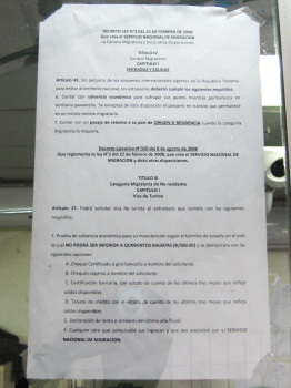 Official rules posted requiring onward ticket to home country and $500 for crossing border into Panama