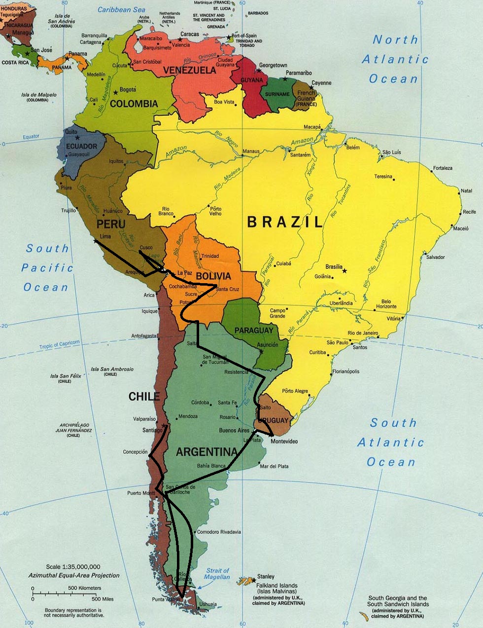 south america travel route map