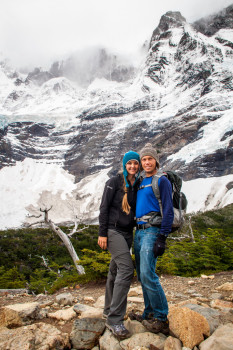Torres del Paine Landon and Alyssa posing with snowy mountain