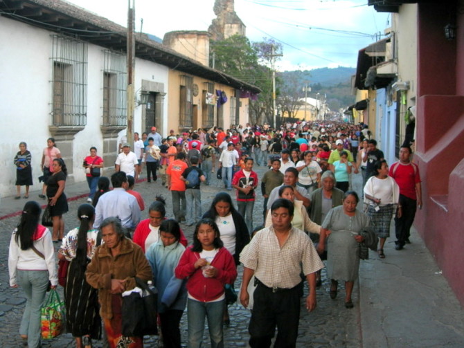 Busy Street with People Walking in Guatemala