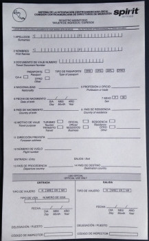 Immigration Form from the airport at San Jose, Costa Rica