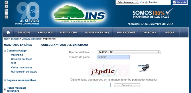 Main INS Costa Rican website to check your marchamo fee dues