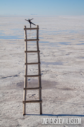 Funny Salt Flat Picture Balancing on top of a Ladder