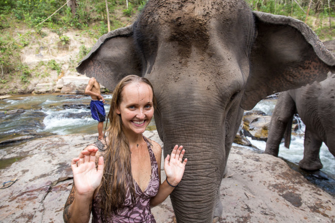 Alyssa Getting Muddy with Elephants at a Sanctuary in Thailand